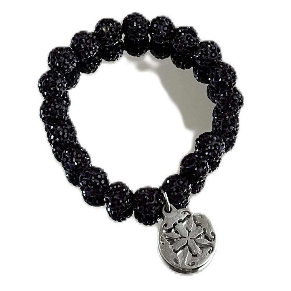 Rustic Cuff Metal Stainless Steel Shambala Beaded Stretch Bracelet Black